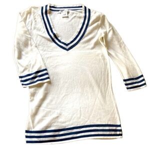 AEVE White + Blue Stripe V-neck Cotton Sweater Size 0